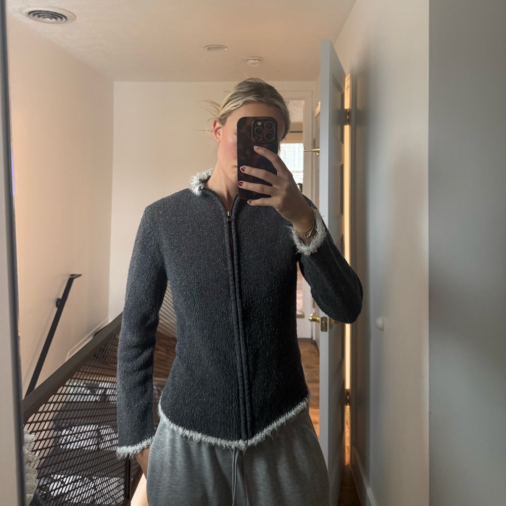 Gray Silk Sweater with White Trim